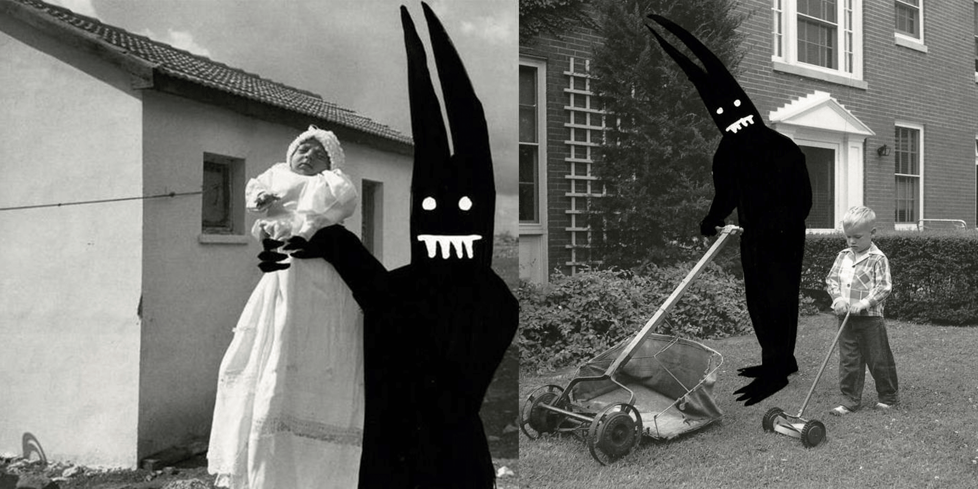 Vintage black and white photograph altered with a dark creature from Aaron B. Heimlich's Shedim series, blending horror and surrealism.